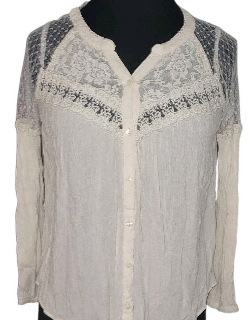 Women's XS Top Cream Lace Crochet Sheer Cottage Coquette Peasant Boho Soft Girl